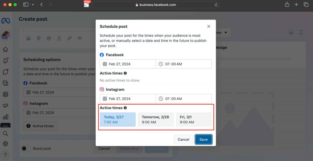 screenshot of a popup display when you click schedule. The popup demonstrates when your facebook and instagram audience have been the most active.